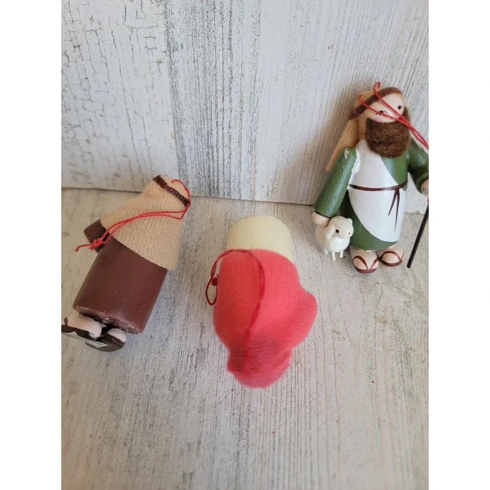 Vintage Mary Joseph nativity seeing Shepherd wooden ornament Xmas set religious